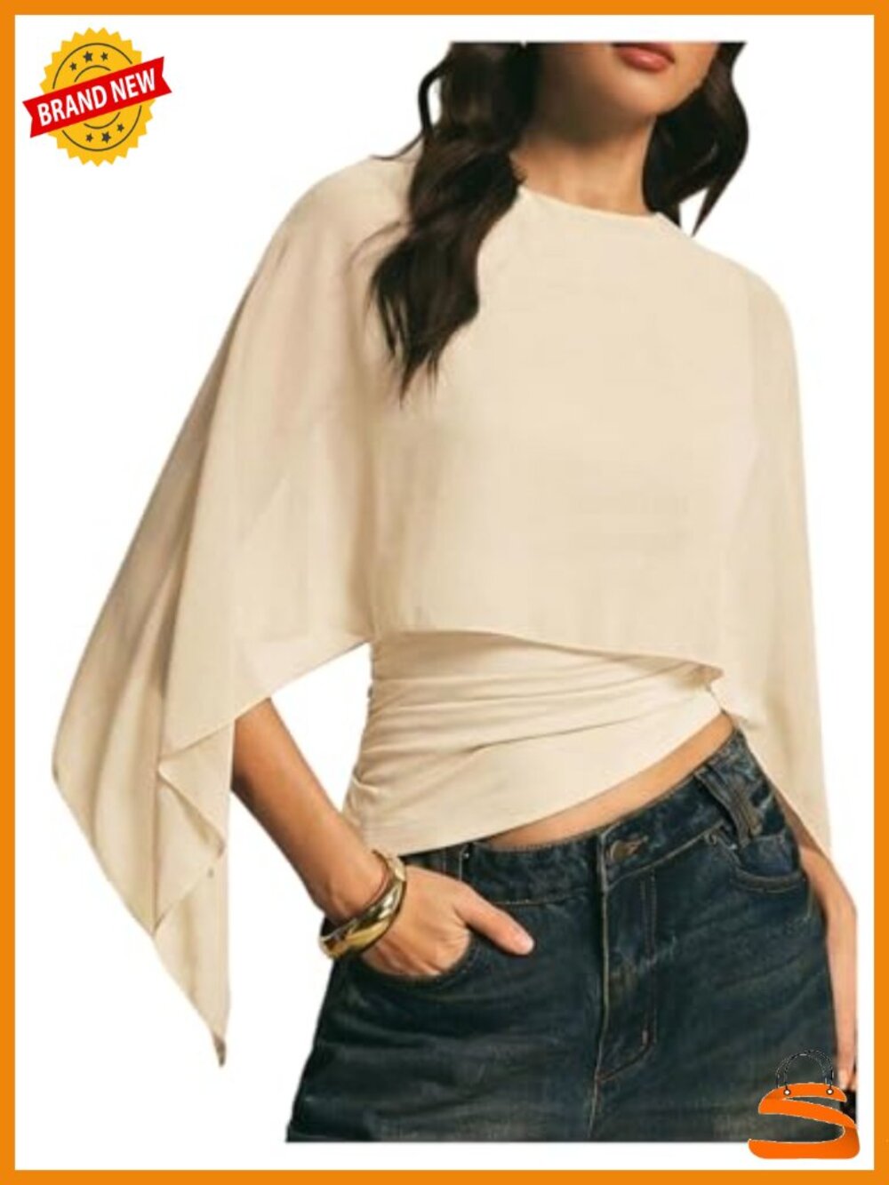 Asymmetrical Chiffon Blouse - 3/4 Sleeve Keyhole Back Crop Top